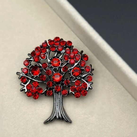 Gunmetal Gray with Dark Ruby Red Crystal Blooming Tree Pin Back Brooch - Picture 4 of 7